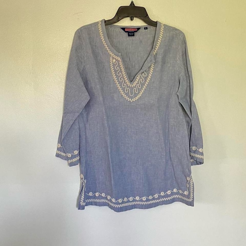 100% linen blue and white embroidered top
